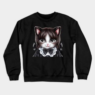 Cat with Black Anime eyes dressed as Wednesday Addams Crewneck Sweatshirt